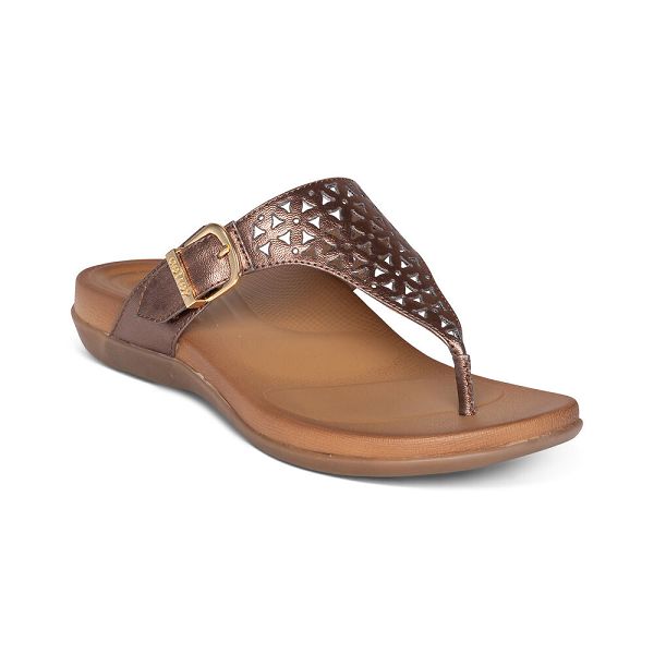 Aetrex Women's Rita Adjustable Flip Flops Bronze Sandals UK 9698-967